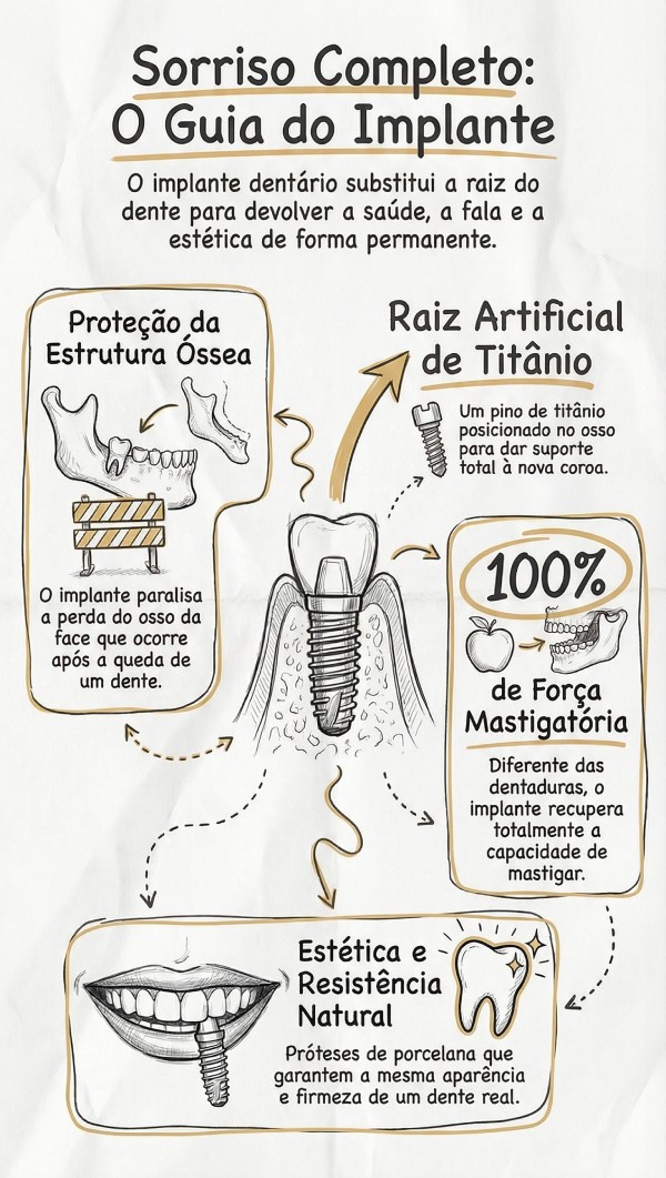 Infográfico sobre implantes dentários em Jundiaí explicando a interrupção da perda óssea, raiz de titânio e recuperação da força de mastigação.