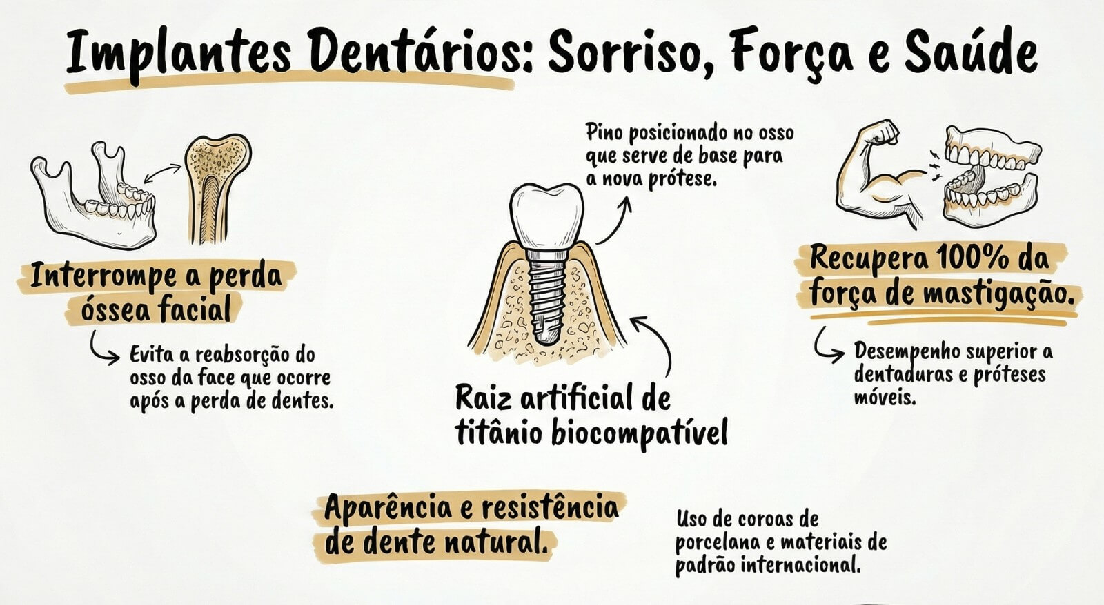 Infográfico sobre implantes dentários em Jundiaí explicando a interrupção da perda óssea, raiz de titânio e recuperação da força de mastigação.