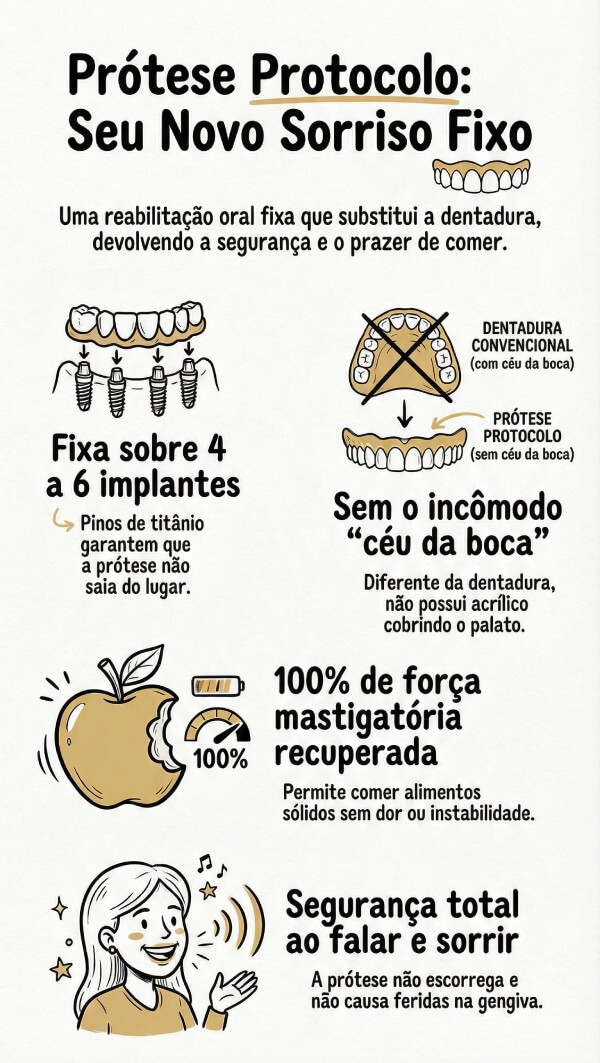 Infográfico sobre prótese protocolo em Jundiaí: fixação total com implantes, fim do céu da boca de acrílico e 100% de força mastigatória.
