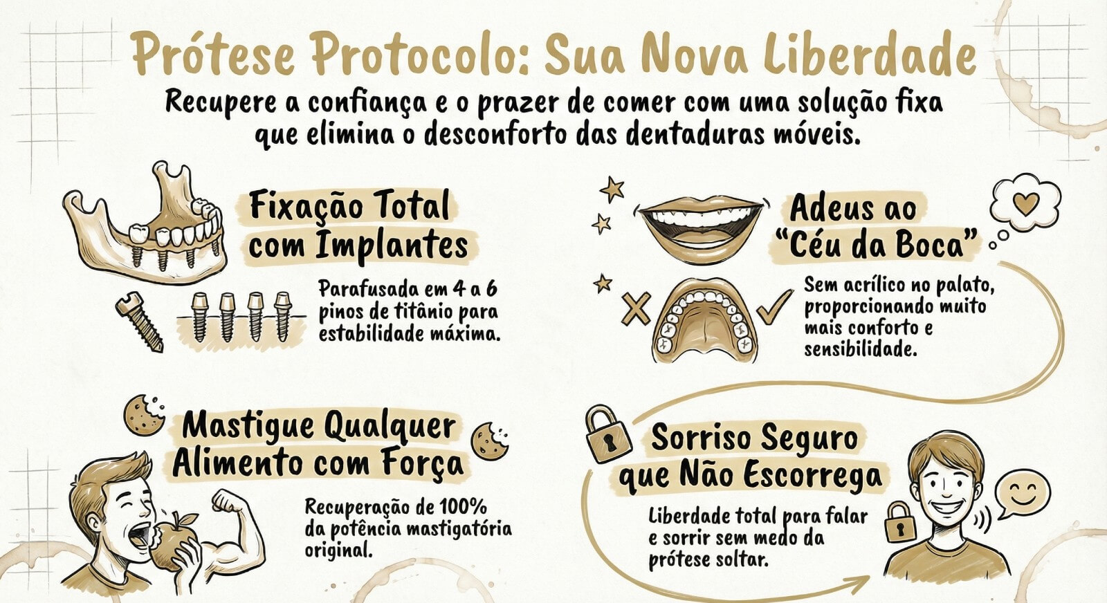Infográfico sobre prótese protocolo em Jundiaí: fixação total com implantes, fim do céu da boca de acrílico e 100% de força mastigatória.