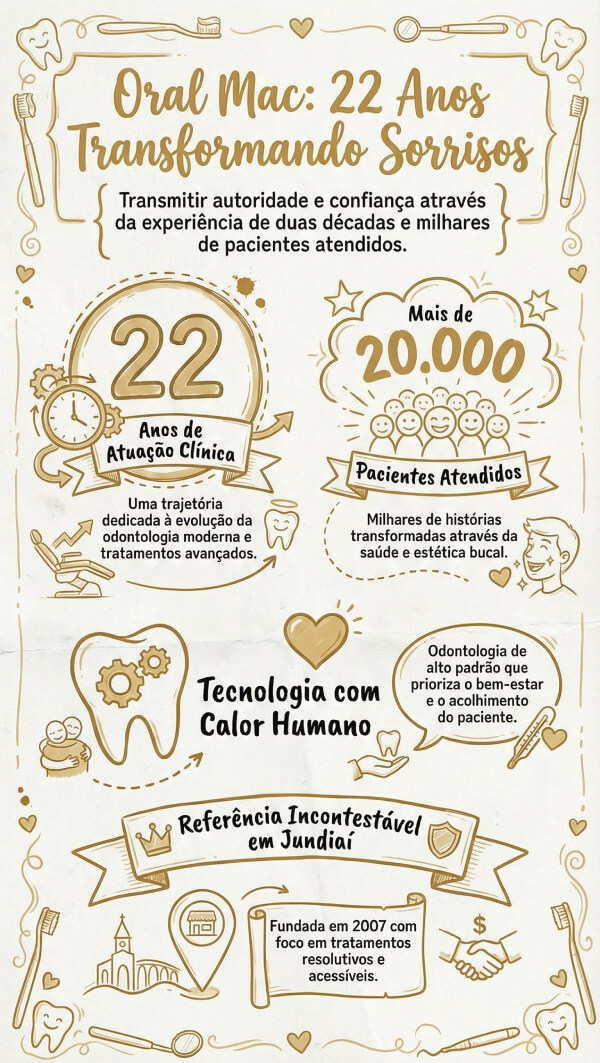 Infográfico da Oral Mac, clínica odontológica em Jundiaí com 22 anos de experiência, 20 mil pacientes atendidos e tecnologia avançada.