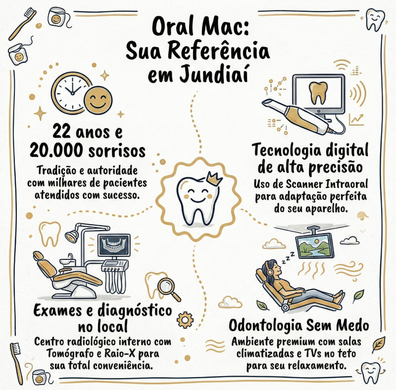 Infográfico da Oral Mac em Jundiaí com diferenciais: 22 anos de história, tecnologia de scanner intraoral, centro radiológico próprio e odontologia sem medo.